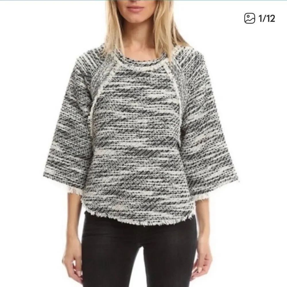 IRO Licia Tweed Boxy Fringe Sweater Black White